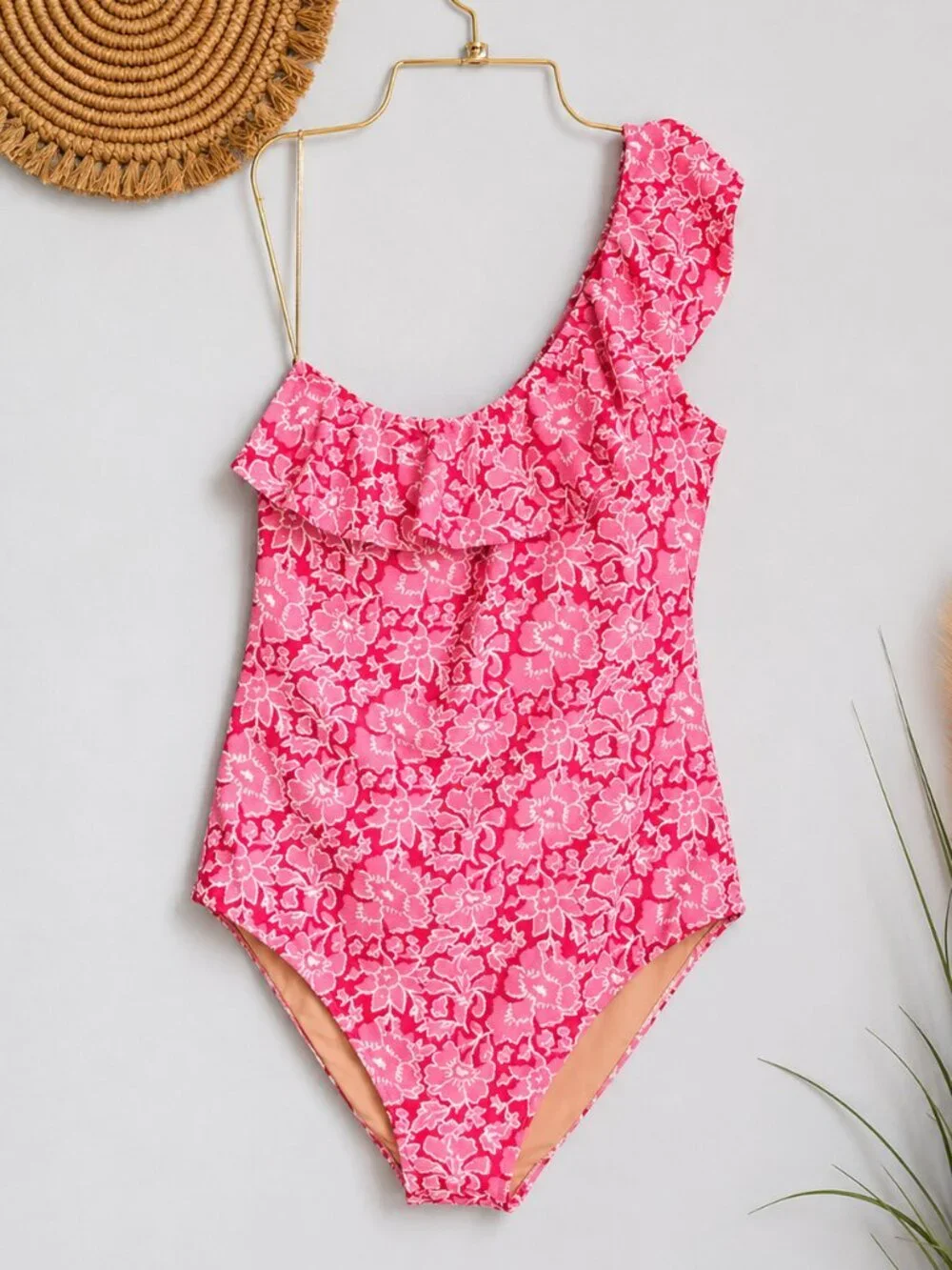 J. Crew NEW One Shoulder Ruffle One Piece Pink Red Floral Swimsuit SZ Large Chic